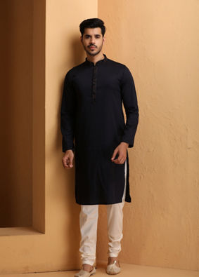 Dark Blue Floral Design Kurta Jacket Set image number 2